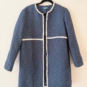 J. McLaughlin Blue Navy White Fringe Tweed Large coat jacket